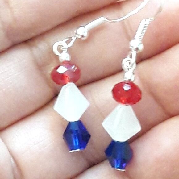 Boho Earrings 416# Red White Blue SilverHooks925Stamp Bohemian Red ArtisanMadeCr - Picture 3 of 4
